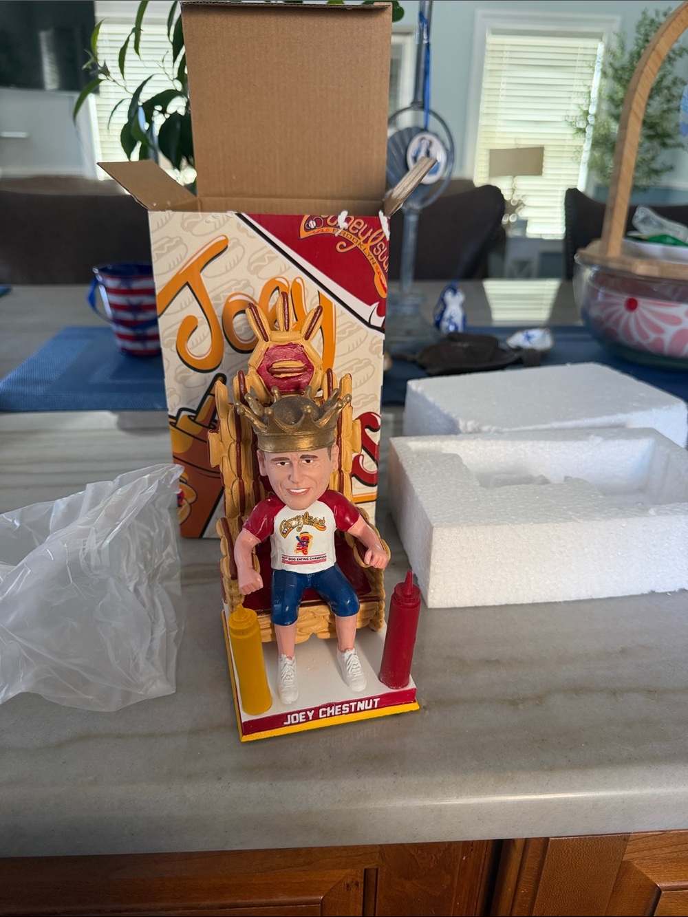 Joey Chestnut Bobblehead with Throne and Ketchup/Mustard Bottles